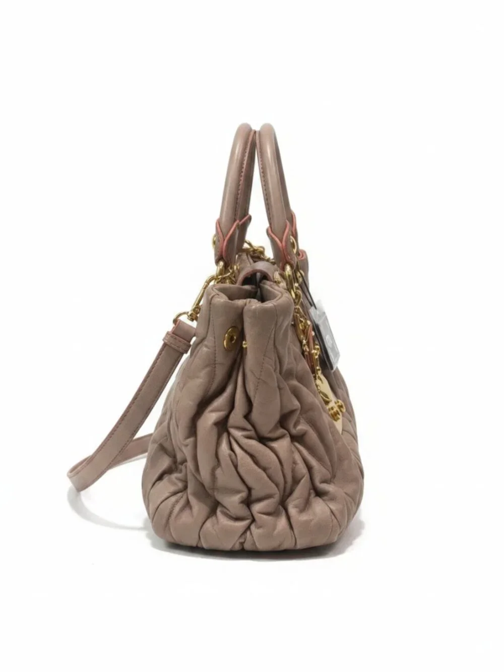 MIU MIU Matelasse Lux Satchel Cammeo Taupe Braided Handle Gold Turn Lock Lambski